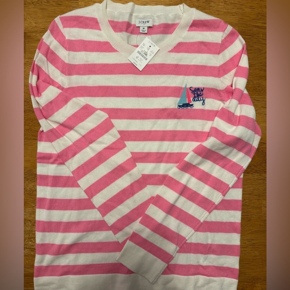 NWT J. Crew Pink White Striped Pullover Sweater ‘Seas The Day’ Size Medium - Picture 5 of 7